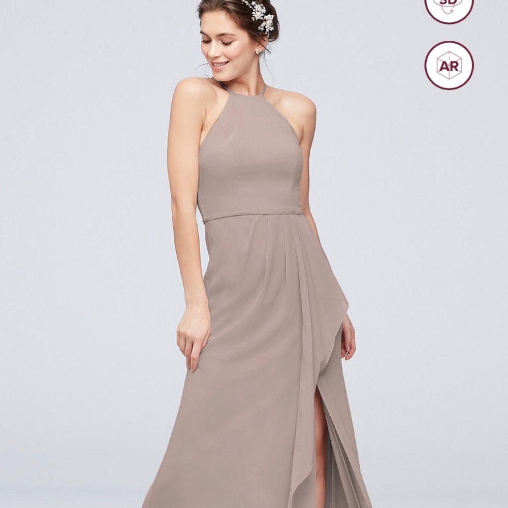 David’s Bridal High Neck Biscotti Bridesmaid Dress
